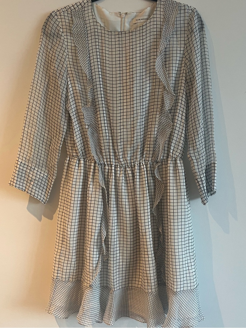 Club Monaco Silk Grid Ruffle-Detail Dress